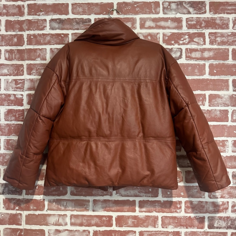 Free People Leather Puffer Jacket Cognac Brown Snap Front Cropped Size Small - Picture 3 of 11